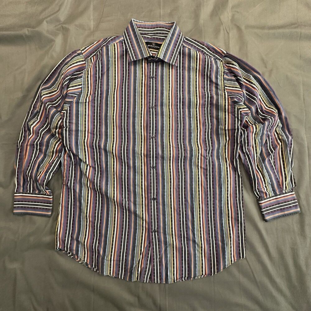 Bugatchi Uomo Shirt Mens XL Striped Long Sleeve Multicolor Y2K Button Collar